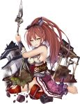  bare_shoulders blush breasts brown_hair full_body hair_ornament holding holding_spear holding_weapon iwamura_(oshiro_project) large_breasts looking_at_viewer official_art open_mouth oshiro_project oshiro_project_re polearm ponytail red_legwear seiza sideboob sitting solo spear taicho128 thighhighs torn_clothes transparent_background weapon yellow_eyes 