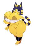  2018 3_toes animal_crossing ankha anthro bandage big_breasts blue_hair blush breasts cat clothed clothing egyptian eyelashes feline female fur hair hi_res huge_breasts jiggle mammal nintendo pussy short_stack simple_background solo sssonic2 thick_thighs toes video_games voluptuous wide_hips yellow_fur 