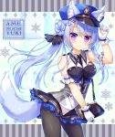  ameto_yuki animal_ear_fluff animal_ears arm_up artist_name bag bangs bare_shoulders between_breasts black_legwear black_ribbon black_shirt black_skirt blue_hair blue_hat breasts commentary_request contrapposto english eyebrows_visible_through_hair fox_ears fox_girl fox_tail gloves hair_between_eyes hair_bun hair_ribbon hand_on_headwear hat highres long_hair medium_breasts original pantyhose peaked_cap pleated_skirt purple_eyes ribbon shirt shoulder_bag side_bun skirt sleeveless sleeveless_shirt snowflakes solo standing strap_cleavage tail underbust uniform very_long_hair white_gloves 