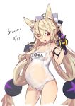  animal_ear_fluff animal_ears blonde_hair braid contrapposto fox_ears g41_(girls_frontline) girls_frontline gloves hair_bobbles hair_ornament highres lactation long_hair nib_pen_(medium) one-piece_swimsuit one_eye_closed pregnant red_eyes school_swimsuit see-through solo stmaster swimsuit traditional_media very_long_hair white_background white_swimsuit 