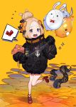  abigail_williams_(fate/grand_order) balloon bangs black_bow black_jacket blonde_hair blue_eyes blush bow commentary_request fate/grand_order fate_(series) fou_(fate/grand_order) hair_bow hair_bun heart heroic_spirit_traveling_outfit highres holding holding_balloon jacket key long_hair long_sleeves medjed object_hug open_mouth orange_background orange_bow parted_bangs polka_dot polka_dot_bow round_teeth sleeves_past_fingers sleeves_past_wrists solo sparkle spoken_heart standing standing_on_one_leg star stuffed_animal stuffed_toy suction_cups teddy_bear teeth tentacles upper_teeth yuu_(higashi_no_penguin) 