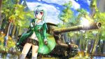  blue_hair borrowed_character breasts caterpillar_tracks character_request cloud commentary_request day forest ground_vehicle highres hosui_(t34totihatan) isu-152 jacket lake long_hair military military_vehicle motor_vehicle mountain nature panties rock self-propelled_gun skirt sky stone tank tree underwear white_panties world_of_tanks 