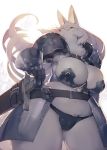  anthro armor big_breasts black_nose breasts camel_toe canine cleavage clothed clothing digital_media_(artwork) female fluffy fur hair kishibe long_hair mammal melee_weapon navel open_mouth pussy_bulge solo standing sword weapon white_fur white_hair yellow_eyes 