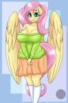  2018 5_fingers absurd_res anthro big_breasts blue_background breasts clothed clothing cute equine eyebrows eyelashes feathered_wings feathers female fluttershy_(mlp) friendship_is_magic fully_clothed hair hi_res legwear long_hair looking_at_viewer mammal my_little_pony pegasus pink_hair portrait simple_background skirt smile socks solo sweater teal_eyes trentgt wings yellow_feathers 