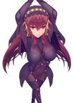  arms_up bad_id bad_pixiv_id bangs blush bodysuit breasts covered_navel crossed_legs eyebrows_visible_through_hair fate/grand_order fate_(series) from_above full_body highres large_breasts long_hair looking_at_viewer purple_hair red_eyes scathach_(fate)_(all) scathach_(fate/grand_order) sidelocks simple_background smile solo standing veil white_background z1npool 