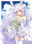  animal_ears aruka_(alka_p1) azur_lane bare_shoulders bouquet bridal_veil cloud commentary_request day detached_sleeves dress fake_animal_ears flower garter_straps hair_flower hair_ornament highres holding holding_bouquet jewelry laffey_(azur_lane) lavender_hair lily_(flower) long_hair looking_at_viewer necklace outside_border red_eyes rose sky solo thighhighs tiara veil wedding_dress white_dress white_flower white_legwear white_rose 