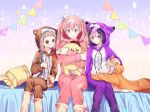  1boy 3girls :d animal_ears animal_hood bed blue_eyes blue_ribbon blush bow braid brown_hair brown_pajamas bunny_ears bunny_hood bunny_pajamas crescent dabi_(dabibubi) eyes_closed feet_out_of_frame frilled_pillow frills hair_ornament hairclip hand_on_another&#039;s_head hand_on_another's_head hood jumpsuit legs_crossed long_hair long_sleeves multicolored_hair multiple_girls object_hug on_bed open_mouth orange_pajamas original pajamas parted_lips pennant pillow pink_bow pink_hair pink_pajamas profile purple_eyes purple_hair purple_pajamas red_eyes ribbon silver_hair sitting sitting_on_bed smile sparkle star streaked_hair string_of_flags stuffed_animal stuffed_bunny stuffed_toy very_long_hair wavy_mouth 
