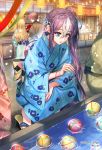  3girls :o blonde_hair blue_eyes blue_kimono brown_hair copyright_name festival fishing_hook floral_print glint hair_ornament heart interitio japanese_clothes kimono lantern long_hair multicolored_hair multiple_boys multiple_girls official_art original outdoors paper_lantern pink_kimono ponytail sandals sid_story squatting stall standing target two-tone_hair very_long_hair water watermark white_hair yukata 