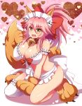  afuro animal_ear_fluff animal_ears apron asymmetrical_legwear bell bell_collar breasts cat_hair_ornament cat_paws collar fangs fate/grand_order fate_(series) fox_ears fox_tail gloves hair_ornament hair_ribbon heart jingle_bell long_hair looking_at_viewer maid_headdress open_mouth paw_gloves paw_shoes paws pink_hair red_ribbon ribbon shoes solo tail tamamo_(fate)_(all) tamamo_cat_(fate) white_legwear yellow_eyes 