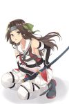  bare_shoulders black_neckwear brown_eyes brown_hair detached_sleeves elbow_gloves forehead_protector gloves green_headband green_ribbon hachimaki hair_intakes hair_ribbon half_updo headband holding holding_sword holding_weapon jintsuu_(kantai_collection) kantai_collection katana long_hair looking_at_viewer necktie open_mouth remodel_(kantai_collection) ribbon school_uniform serafuku sheath simple_background solo squatting sword thighhighs tiasis unsheathing weapon white_background white_legwear 