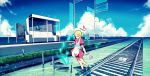  apron balancing bangs blonde_hair blush braid bug butterfly cloud cloudy_sky day dress heart highres insect looking_down original parted_bangs patches pink_dress pink_eyes puffy_short_sleeves puffy_sleeves railroad_tracks rumo short_sleeves sky standing standing_on_one_leg train_station twin_braids 