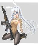  animal_ears ar-15 assault_rifle bangs black_legwear blue_eyes blush breasts brown_eyes brown_footwear brown_leotard bunny_ears bunny_tail bunnysuit camouflage camouflage_legwear cleavage commentary_request covered_navel eyebrows_visible_through_hair fake_animal_ears fake_tail full_body grey_background gun hair_between_eyes highleg highleg_leotard highres holding holding_gun holding_weapon leotard long_hair long_sleeves looking_at_viewer medium_breasts open_mouth original outside_border pantyhose petag2 rifle shoes shrug_(clothing) silver_hair sitting smile solo strapless strapless_leotard tail weapon zipper 