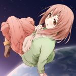  brown_eyes brown_hair cardigan commentary_request earth kagiana kumashiro_harumi long_hair long_skirt planet_with skirt solo space star_(sky) 