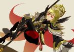  armor armored_boots black_armor black_gloves boots closed_mouth commentary_request crown fire_emblem fire_emblem_heroes gloves grey_background grey_hair hair_ornament holding holding_staff long_hair long_sleeves red_eyes renkonmatsuri shoulder_armor simple_background solo staff veronica_(fire_emblem) 
