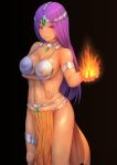  armlet armor bikini_armor bikini_top bracelet breasts choker circlet cleavage closed_mouth dancer's_costume_(dq) dark_skin dragon_quest dragon_quest_iv fire highres jewelry large_breasts loincloth long_hair looking_at_viewer manya murumuru_(pixiv4724749) navel pelvic_curtain purple_eyes purple_hair smile solo thigh_strap 