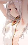  absurdres armpits arms_up bad_id bad_twitter_id bare_arms breasts closed_mouth erune granblue_fantasy hews_hack highres inactive_account long_hair looking_at_viewer navel red_eyes scathacha_(granblue_fantasy) silver_hair small_breasts smile solo standing sweat white_background 