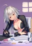  bikini black_bikini black_gloves black_jacket closed_eyes commentary_request cropped_jacket drooling fate/grand_order fate_(series) gloves hmk84 jacket jeanne_d'arc_(alter_swimsuit_berserker) jeanne_d'arc_(fate)_(all) keyboard o-ring o-ring_top shrug_(clothing) sitting sleeping stylus swimsuit tablet upper_body white_hair 