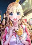  :d blonde_hair blue_eyes blurry blurry_background blush breasts eating eyebrows_visible_through_hair food food_request jewelry large_breasts long_hair looking_at_viewer necklace night open_mouth original outdoors pendant shirt sign skewer smile solo upper_body white_shirt yukihiro_(kimizora) 