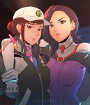  alternate_hairstyle artist_name baseball_cap bodysuit breasts brown_eyes brown_hair d.mon_(overwatch) d.va_(overwatch) gloves hair_bun hat headphones headphones_around_neck highres jacket koyorin looking_at_viewer medium_breasts multiple_girls one-armed_hug overwatch ribbed_bodysuit shooting_star_d.va smile 