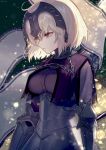  ahoge ainy77 armor armored_dress bangs banner black_dress blonde_hair breasts cape chain closed_mouth commentary_request dress eyebrows_visible_through_hair fate/grand_order fate_(series) gauntlets gloves hair_between_eyes headpiece highres holding jeanne_d'arc_(alter)_(fate) jeanne_d'arc_(fate)_(all) large_breasts light_particles sad short_hair silver_hair solo yellow_eyes 