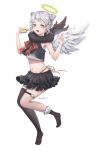  :d absurdres arms_up artist_name bad_id bad_pixiv_id bangs bite_mark black_collar black_shirt black_skirt black_wings commentary crop_top double_bun doughnut feathered_wings food frilled_legwear full_body fur_collar grey_eyes grey_hair halo highres jacket looking_at_viewer mismatched_legwear navel neck_ribbon open_clothes open_jacket open_mouth original panties panty_straps pleated_skirt red_panties red_ribbon ribbon shirt single_sock single_thighhigh skirt smile socks solo soyubee star stomach thigh_strap thighhighs twitter_username underwear white_wing wings 