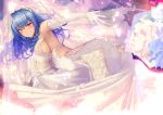  ahoge armpits ass azur_lane bangs bare_shoulders blue_hair blurry blurry_background blush bouquet_toss breasts bridal_veil bride church cleavage commentary_request dress dress_lift drill_hair elbow_gloves eyebrows_visible_through_hair floating_hair gloves hair_between_eyes highres large_breasts lifted_by_self light_particles long_hair looking_at_viewer outstretched_arm petals purple_eyes satou_daiji see-through sideboob smile solo st._louis_(azur_lane) veil wedding_dress white_dress white_gloves wind wind_lift 