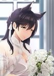  alternate_costume animal_ears atago_(azur_lane) azur_lane backlighting bangs black_hair blush bouquet breasts brown_eyes cleavage closed_mouth commentary_request curtains day detached_sleeves dress extra_ears eyebrows_visible_through_hair flower hair_ribbon holding holding_bouquet indoors large_breasts long_hair looking_at_hands md5_mismatch mole mole_under_eye moroheiya_(user_harz4842) ribbon rose sidelocks smile solo sunlight swept_bangs upper_body wedding_dress white_dress white_flower white_rose window 