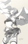  armpits artist_name belt boots breasts cape closed_eyes closed_mouth commentary_request elbow_gloves foreshortening fortissimo fortissimo_hair_ornament frilled_shirt frills gloves greyscale hair_ornament magical_girl mahou_shoujo_madoka_magica midriff miki_sayaka miniskirt monochrome oono_tsutomu outstretched_arms pleated_skirt shirt short_hair signature skirt smile solo soul_gem spread_arms standing strapless thigh_boots thighhighs thighs wind 
