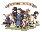  4girls alfyn_(octopath_traveler) animal blonde_hair blush bracelet braid brown_hair cape chibi cloak collarbone cyrus_(octopath_traveler) dancer dress everyone gloves green_eyes h'aanit_(octopath_traveler) hair_over_one_eye hat jewelry long_hair multiple_boys multiple_girls necklace octopath_traveler olberic_eisenberg open_mouth ophilia_(octopath_traveler) ponytail primrose_azelhart scarf short_hair simple_background smile snow_leopard staff tekutonbo therion_(octopath_traveler) tressa_(octopath_traveler) weapon white_hair 