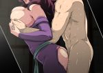  1girl ass bare_shoulders bodysuit breast_grab breasts breasts_outside brown_hair cat&#039;s_eye clothed_female_nude_male from_side grabbing gureko_rouman highres indoors kisugi_rui large_breasts legs lips lipstick long_hair makeup no_panties nude off_shoulder open_clothes open_mouth purple_clothes red_lips sex spandex standing sweat thighs torn_clothes vaginal 
