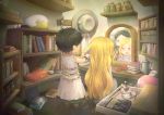 black_hair blonde_hair book bookshelf bracelet commentary_request cup cutting_hair dararito dress earrings hair_brush hairdressing hakumei_to_mikochi hat hat_removed headwear_removed hoop_earrings jada_(hakumei_to_mikochi) jar jewelry konju_(hakumei_to_mikochi) long_hair mirror multiple_girls necklace open_mouth pointy_ears red_eyes reflection scissors short_hair sleeveless sleeveless_dress teacup teapot very_long_hair 