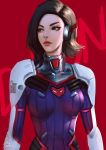  2018 bodysuit breasts brown_hair character_name d.mon_(overwatch) eyelashes flipped_hair headphones highres lips medium_breasts medium_hair nose overwatch pilot_suit raikoart red_background ribbed_bodysuit shoulder_pads signature skin_tight solo 