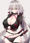  ahoge bangs bikini black_bikini black_choker black_jacket breasts choker cleavage collarbone commentary_request cropped_jacket eyebrows_visible_through_hair fate/grand_order fate_(series) gloves grey_background hair_between_eyes highres jacket jeanne_d'arc_(alter_swimsuit_berserker) jeanne_d'arc_(fate)_(all) katana large_breasts long_hair looking_at_viewer navel ninoude_(ninoude44) o-ring o-ring_bikini o-ring_bottom o-ring_top open_mouth partial_commentary sheath sheathed shrug_(clothing) simple_background solo swimsuit sword thigh_strap weapon yellow_eyes 