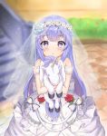  :o absurdres azur_lane bangs bare_shoulders blue_flower blue_rose blurry blurry_background blush bow bridal_veil chestnut_mouth commentary day depth_of_field dress eyebrows_visible_through_hair flower frilled_bow frills hair_flower hair_ornament highres huge_filesize lisu long_hair looking_at_viewer object_hug outdoors parted_lips purple_eyes purple_hair red_flower red_rose rose see-through sleeveless sleeveless_dress solo stairs standing stone_stairs stuffed_alicorn stuffed_animal stuffed_toy unicorn_(azur_lane) veil white_dress yellow_bow 