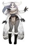  antennae artist_name black_footwear black_sclera boots capelet full_body fur fur-trimmed_boots fur_collar fur_trim grey_hair hand_on_own_chest highres knee_boots long_hair looking_to_the_side matilda_vin monster_girl moth_girl moth_wings mother_lumi multiple_arms no_pupils original pelvic_curtain simple_background smile solo white_background wings 