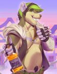  2018 5_fingers alcohol anthro areola beverage body_hair bottle chest_hair detailed_background digital_media_(artwork) facial_hair green_eyes green_hair hair happy_trail kyander male mammal navel outside rat rodent smile solo teeth whiskers whiskey 