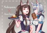  :d absurdres akagi_(azur_lane) animal_ears apron azur_lane bell bird blue_bow blue_eyes blue_neckwear bow bowtie brown_hair cat_ears chao_(chaoticalien) chick chocola_(sayori) chocola_(sayori)_(cosplay) commentary copyright_name cosplay curry eyebrows_visible_through_hair food grey_background highres jingle_bell kaga_(azur_lane) long_hair looking_at_viewer maid maid_headdress mini_flag multiple_girls nekopara open_mouth pink_bow pink_neckwear profile puffy_short_sleeves puffy_sleeves red_eyes ribbon_trim short_hair short_sleeves simple_background smile tray twintails vanilla_(sayori) vanilla_(sayori)_(cosplay) very_long_hair waist_apron white_hair wrist_cuffs 