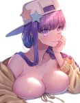 backwards_hat bandeau bangs bare_shoulders baseball_cap bb_(fate)_(all) bb_(swimsuit_mooncancer)_(fate) bikini blush braid breast_press breast_rest breasts chin_rest cleavage closed_mouth collarbone eyebrows_visible_through_hair fate/grand_order fate_(series) front-tie_top hair_over_shoulder hand_on_own_cheek hand_up hat highres jacket large_breasts light_smile long_hair long_sleeves looking_at_viewer lying moe_(hamhamham) off_shoulder on_stomach open_clothes open_jacket purple_eyes purple_hair sidelocks sideways_glance simple_background single_braid single_sidelock smile solo star strapless strapless_bikini swimsuit track_jacket upper_body white_background white_bikini white_hat yellow_jacket 