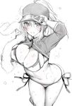  adjusting_headwear ahoge arm_up artoria_pendragon_(all) bangs baseball_cap bikini blue_gk blush breasts cleavage commentary fate/grand_order fate_(series) greyscale hair_between_eyes hair_through_headwear hat highres hips large_breasts long_hair looking_at_viewer monochrome mysterious_heroine_xx_(foreigner) navel parted_lips ponytail shrug_(clothing) side-tie_bikini simple_background smile solo sweat swimsuit thighs towel white_background 