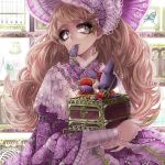  bonnet brown_hair bug butterfly chino_machiko doll dress floral_print flower glasses holding insect long_hair long_sleeves looking_at_viewer makeup mascara mouth_hold original purple_dress purple_eyes purple_flower purple_rose rose round_eyewear sitting smile solo upper_body wide_sleeves 