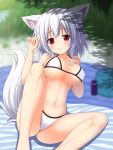  animal_ear_fluff animal_ears beach bikini breasts cleavage collarbone day hand_on_own_chest inubashiri_momiji large_breasts looking_at_viewer nagana_sayui navel ocean outdoors red_eyes silver_hair solo swimsuit tail touhou white_bikini wolf_ears wolf_tail 