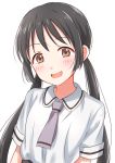  :d absurdres asobi_asobase bangs black_hair blush brown_eyes collared_shirt commentary_request highres honda_hanako long_hair looking_at_viewer low_twintails necktie open_mouth purple_neckwear sekina shirt simple_background smile solo twintails upper_body white_background white_shirt 