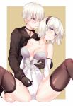  1girl aki663 black_choker black_hairband black_jacket blue_eyes blush breasts choker cleavage couple detached_sleeves eyebrows_visible_through_hair hairband hetero injury jacket large_breasts leotard mole mole_under_mouth nier_(series) nier_automata no_blindfold spread_legs thighhighs_under_boots white_hair white_leotard yorha_no._2_type_b yorha_no._9_type_s 