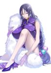  bangs blush breasts china_dress chinese_clothes closed_mouth commentary_request curly_hair dress earrings fate/grand_order fate_(series) feather_boa hair_between_eyes high_heels highres huge_breasts jewelry knee_up legs long_hair looking_at_viewer low-tied_long_hair minamoto_no_raikou_(fate/grand_order) parted_bangs purple_dress purple_eyes purple_footwear purple_hair simple_background sitting smile solo suzuki_nene thighs very_long_hair white_background 