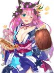  :o ;d alcohol alternate_costume animal_hood aqua_eyes beer blue_eyes blush breasts character_request floral_print food highres hood imelia_(sennen_sensou_aigis) japanese_clothes kimono long_hair looking_at_viewer multiple_girls one_eye_closed open_mouth panda_inu pink_hair sandals sennen_sensou_aigis small_breasts smile standing star star_print sweatdrop takoyaki very_long_hair wet yukata 