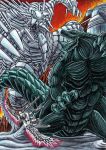  battle character_request claws commentary furuta_yoroshi giant glowing glowing_eyes godzilla godzilla:_city_on_the_edge_of_battle godzilla:_planet_of_the_monsters godzilla_(series) godzilla_earth highres kaijuu mecha mechagodzilla mechagodzilla_(godzilla:_city_on_the_edge_of_battle) monster no_humans orange_eyes red_eyes robot science_fiction size_difference super_robot tail traditional_media translation_request weapon 