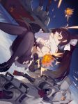  arms_up azur_lane bangs black_bra black_footwear black_legwear blue_sky blush bow bra breasts broken burnt_clothes commentary_request convenient_leg cubies_(tiger_205) day dutch_angle explosion front-hook_bra gloves hair_bow high_ponytail highres large_breasts loafers long_hair long_sleeves looking_at_viewer machinery miniskirt ocean one_eye_closed outdoors pantyhose parted_lips pleated_skirt ponytail shirt shoes sideboob skirt sky solo takao_(azur_lane) thighband_pantyhose torn_clothes torn_legwear torn_shirt torn_skirt torpedo underwear very_long_hair water white_bow white_gloves white_shirt white_skirt yellow_eyes 
