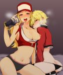  bare_shoulders baseball_cap blonde_hair blue_eyes bracelet breasts breasts_outside cleavage collarbone commentary_request crop_top fatal_fury fingerless_gloves from_behind genderswap genderswap_(mtf) gloves hat heart heart-shaped_pupils highres jacket jewelry long_hair looking_at_viewer mikukoro navel nipples open_mouth parted_lips ponytail red_eyes rock_howard short_hair sitting snk_heroines:_tag_team_frenzy sweat sweatdrop symbol-shaped_pupils tank_top terry_bogard the_king_of_fighters tongue 