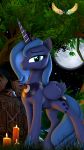  2018 3d_(artwork) blue_eyes blue_hair candle cutie_mark digital_media_(artwork) equine eyeshadow female friendship_is_magic hair horn jewelry loveslove makeup mammal moon my_little_pony necklace night princess_luna_(mlp) sculpture solo source_filmmaker star statue tree winged_unicorn wings 