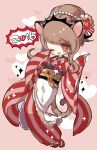  2016 :d brown_hair cheety_(show_by_rock!!) chino_machiko fang flower hair_flower hair_ornament heart japanese_clothes kimono long_sleeves looking_at_viewer obi one_eye_closed open_mouth red_eyes red_flower red_footwear red_kimono sandals sash show_by_rock!! sleeves_past_wrists smile solo white_legwear 